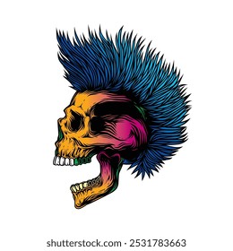 A skull with an open mouth and a punk rock hairstyle. T-shirt design, stickers, print. Hand drawn, not AI