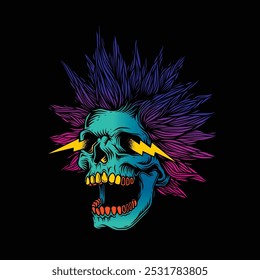 A skull with an open mouth and a punk rock hairstyle. T-shirt design, stickers, print. Hand drawn, not AI