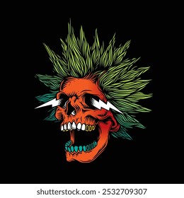 A skull with an open mouth and a punk rock hairstyle. T-shirt design, stickers, print. Hand drawn, not AI