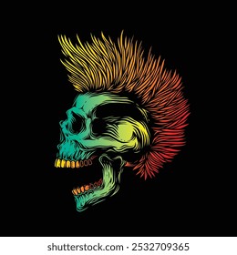 A skull with an open mouth and a punk rock hairstyle. T-shirt design, stickers, print. Hand drawn, not AI