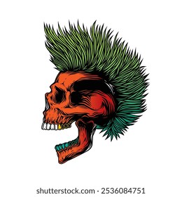 A skull with an open mouth and a punk rock hairstyle. T-shirt design, stickers, print. Hand drawn, not AI