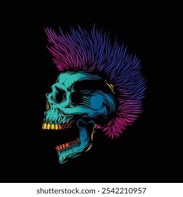 A skull with an open mouth and a punk rock hairstyle. T-shirt design, stickers, print. Hand drawn, not AI