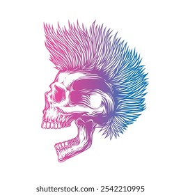 A skull with an open mouth and a punk rock hairstyle. T-shirt design, stickers, print. Hand drawn, not AI