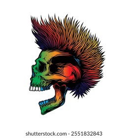 A skull with an open mouth and a punk rock hairstyle. T-shirt design, stickers, print. Hand drawn, not AI