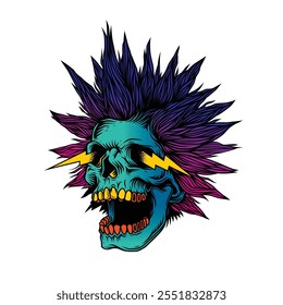 A skull with an open mouth and a punk rock hairstyle. T-shirt design, stickers, print. Hand drawn, not AI