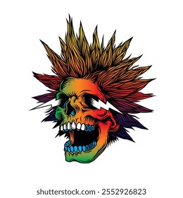 A skull with an open mouth and a punk rock hairstyle. T-shirt design, stickers, print. Hand drawn, not AI