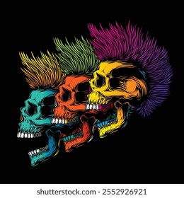 A skull with an open mouth and a punk rock hairstyle. T-shirt design, stickers, print. Hand drawn, not AI