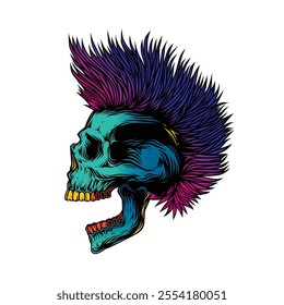 A skull with an open mouth and a punk rock hairstyle. T-shirt design, stickers, print. Hand drawn, not AI