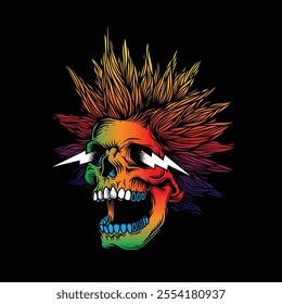 A skull with an open mouth and a punk rock hairstyle. T-shirt design, stickers, print. Hand drawn, not AI