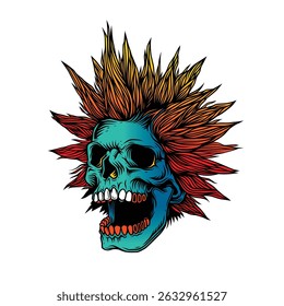 A skull with an open mouth and a punk rock hairstyle. T-shirt design, stickers, print.