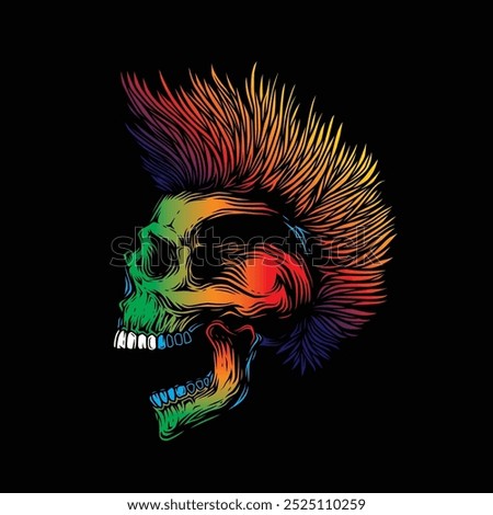 A skull with an open mouth and a punk rock hairstyle. T-shirt design, stickers, print. Hand drawn, not AI