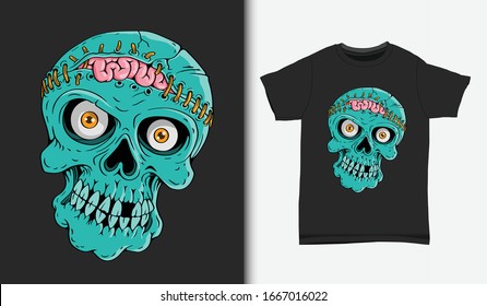 Skull with opened brain illustration, with t-shirt design, Hand drawn