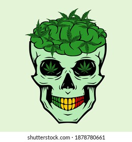 Skull opened brain in leaf cannabis marijuana growup nice for appareal cloth and your product reggae rasta