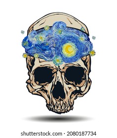 Skull with opened skullcap with inside a starry sky with glowing yellow moon isolated on white background. Vector illustration in the style of impressionist paintings.