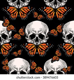 Skull and orange butterfly on black background. Vector seamless pattern