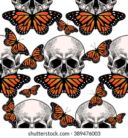 Skull and orange butterfly. Vector seamless pattern