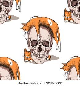 Skull with orange cats. White background. Seamless pattern background.