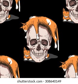 Skull with orange cats. White background. Seamless pattern background.