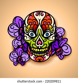 Skull with orchids - vector illustration.