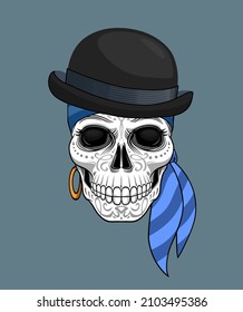 Skull with ornament, Bowler hat. T-shirt print design, Poster, Halloween, Dia de los muertos