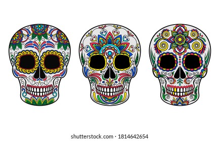 Skull with Ornament as Indigenous Mexican Art and Skeleton Celebration Vector Set
