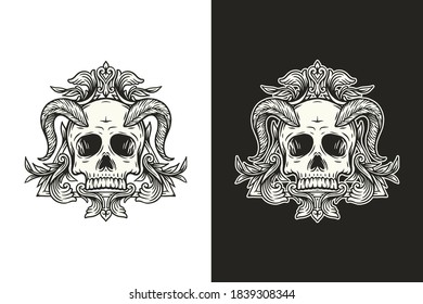 Skull and ornament/ornate vector design illustration, black and white tattoo, t-shirt skull and horn with vintage floral illustration