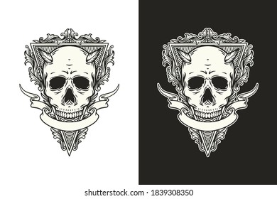Skull and ornament/ornate vector design illustration, black and white tattoo, t-shirt skull and horn with vintage floral illustration