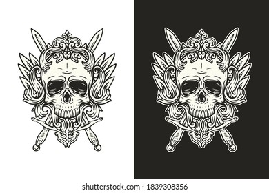 Skull and ornament/ornate vector design illustration, black and white tattoo, t-shirt skull and swords with vintage floral illustration