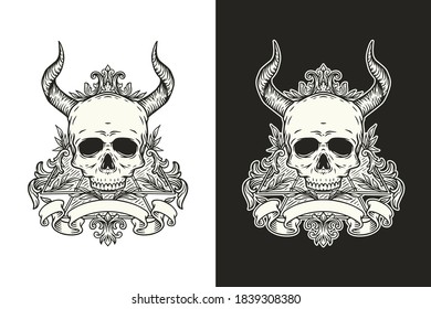 Skull and ornament/ornate vector design illustration, black and white tattoo, t-shirt skull and horn with vintage floral illustration