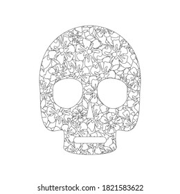 Skull with ornaments. Contour vector illustration. Black and white. Decorative icon on white background.