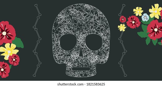 Skull with ornaments, flowers and bones. Contour vector illustration. Dia de los Muertos.Day of the dead. Halloween. flower banner on black. Vector holiday illustration,postcard, decorative background