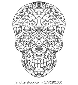 skull with ornaments and flowers drawn in folk style on a white background for coloring, vector, day of the dead