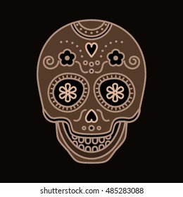Skull with ornaments in a linear style on a black background is insulated and easy to demonstrate how. flat vector illustration