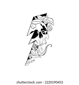 Skull Out of Lightning Symbol with Monster in the Skull Tatto Illustration.Designs Concept for T-shirts, Tattoos, Stickers, Gaming Logos or Posters.