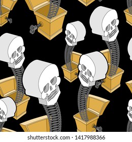 Skull out of prank box pattern seamless. Funny prize skeleton background. Toy for Halloween ornament.