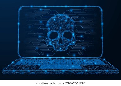 Calavera con conexiones electrónicas salientes en la pantalla de un portátil. Diseño poligonal de líneas y puntos. Fondo azul.