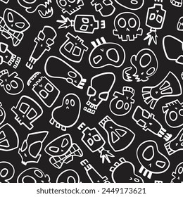 Skull Outlines Ditsy Pattern White on Black