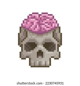 skull with outside brain, pixel art video game object