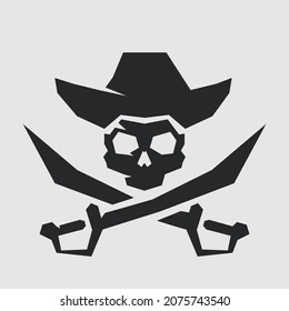 Skull over crossed sabers. Jolly Roger, flag, pirate symbol. Black mark, corsairs. Caribbean Sea. Concept danger, freedom and contempt for death. Flat, Cartoon triangles style. Vector illustration.