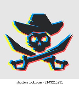Skull over crossed sabers. Jolly Roger, flag, pirate symbol. Black mark, corsairs. Caribbean Sea. Concept danger, freedom and contempt for death. Flat, Cartoon triangles style. Vector illustration.