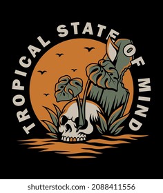 skull overgrown with monstera on the background of weeds and surfboards
. For t-shirts, stickers and other similar products.