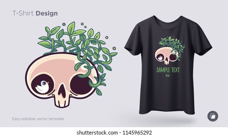 Skull overgrown with a plant t-shirt design. Print for clothes, posters or souvenirs. Vector illustration