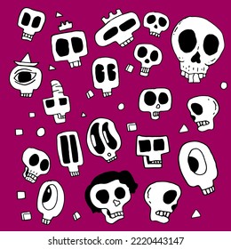 Skull pack in Cartoon style with purple background for doodle pattern