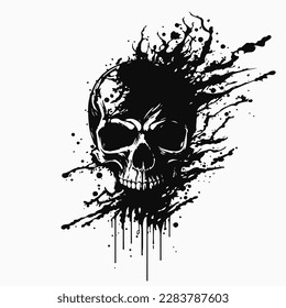 Skull in paint stains. Black and white sign. Vector illustration