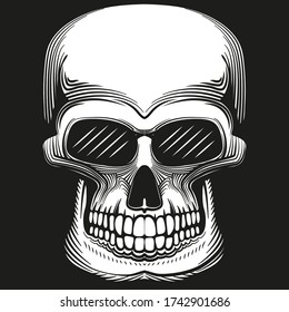 Skull painted in black and white on a black background. Avatar for network resources.