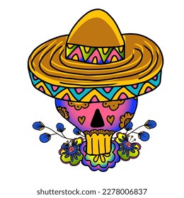 Skull painted with flowers in a sombrero. Vector hand drawn doodle illustration in mexican style. 