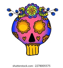 Skull painted with flowers. Vector hand drawn doodle illustration in mexican style. 