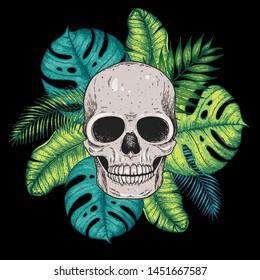 Skull and palm leaves hand drawn illustration. Tattoo vintage print. Colorful skull and palm leaves. Floral print