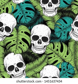 Skull and palm leaves seamless pattern. Hand drawn vector illustration. Fabric design template. Skull background. Tropical vector illustration.