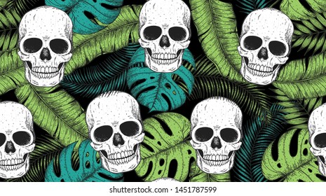 Skull and palm leaves seamless pattern. Hand drawn vector illustration. Fabric design template. Skull background. Tropical vector illustration.